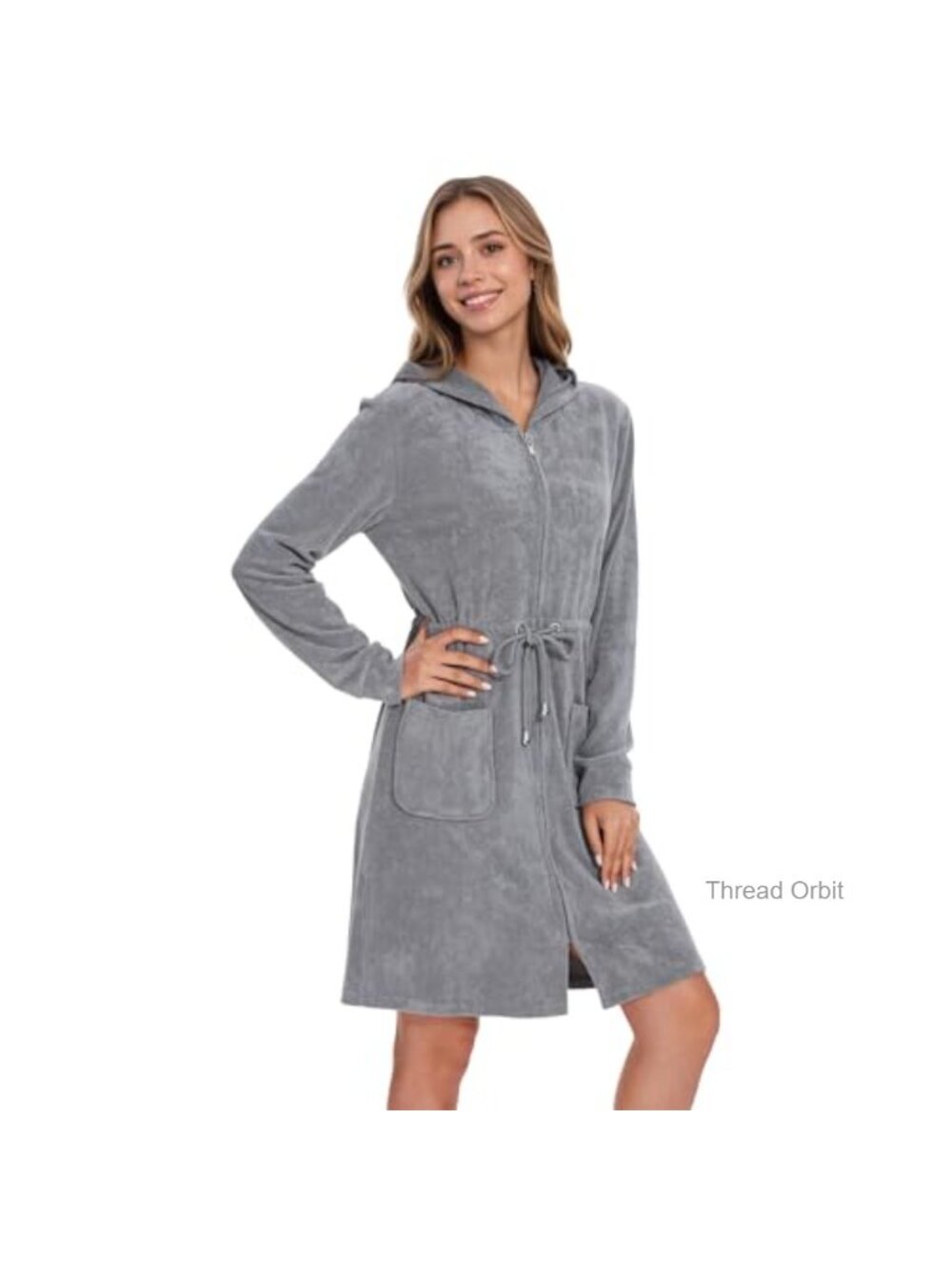 Women's Terry Cloth Hooded Zip-Up Bathrobe Knee Length